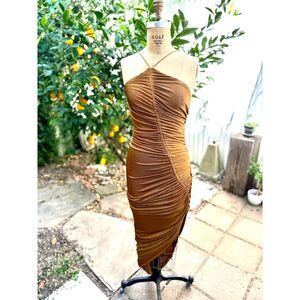 Anthropologie MISHA Kayleigh Golden Bronze Bodycon Abstract Midi Dress Size S